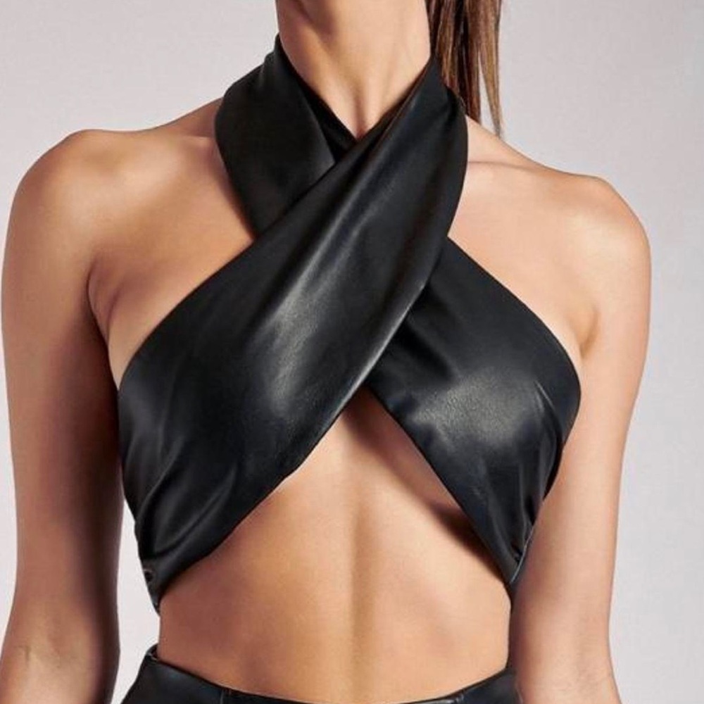 Meshki Black Satin Cross Halter Crop Top